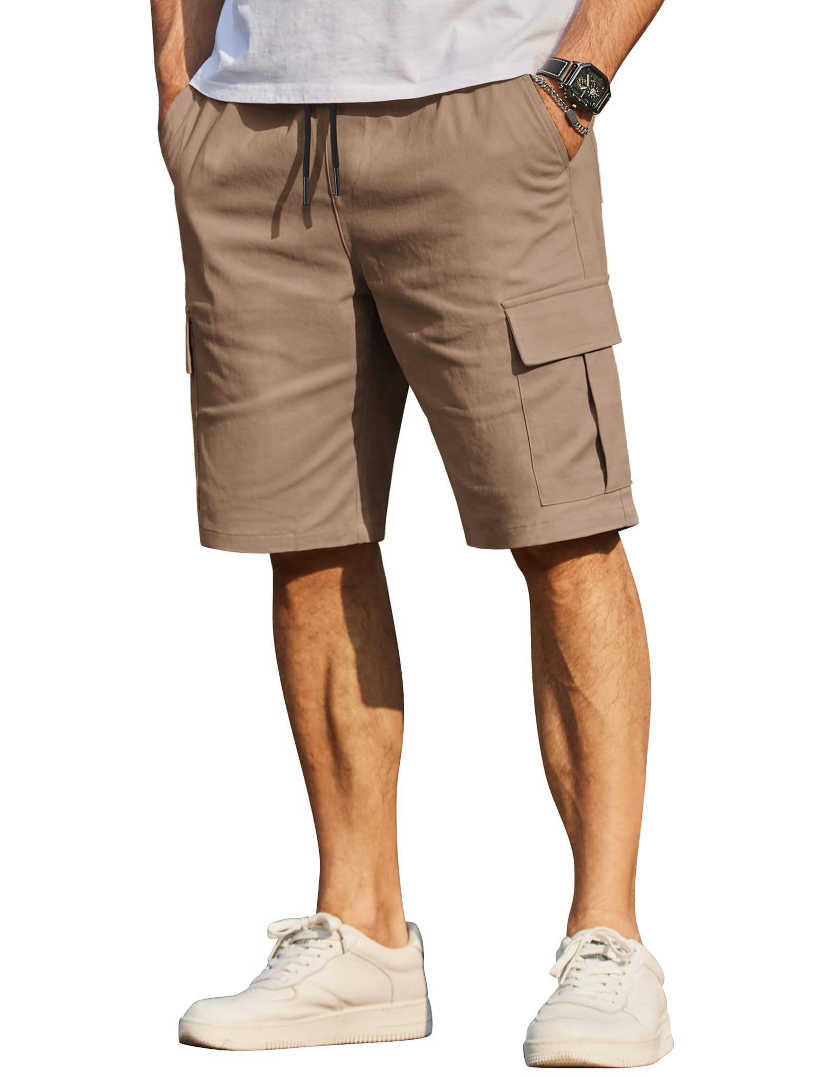 Pantalones Cortos Hombre Algodón Cargueros Cintura Elástica Verano con Bolsillos S-3XL