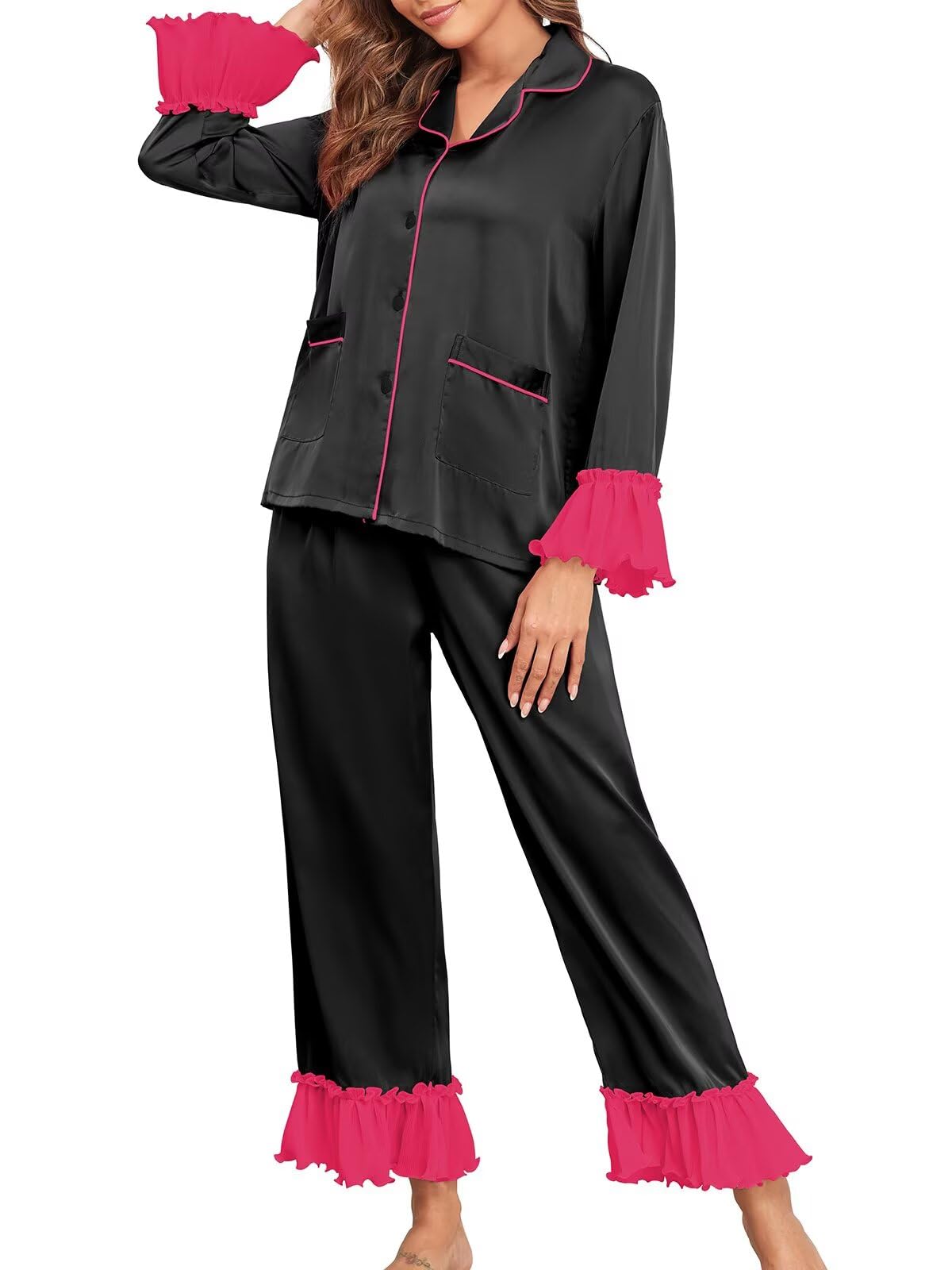 Brosloth Womens Silk Satin Button Up Pajamas for Women Soft Comfy Long Sleeve 2 Piece Loungewear Set Sleepwear