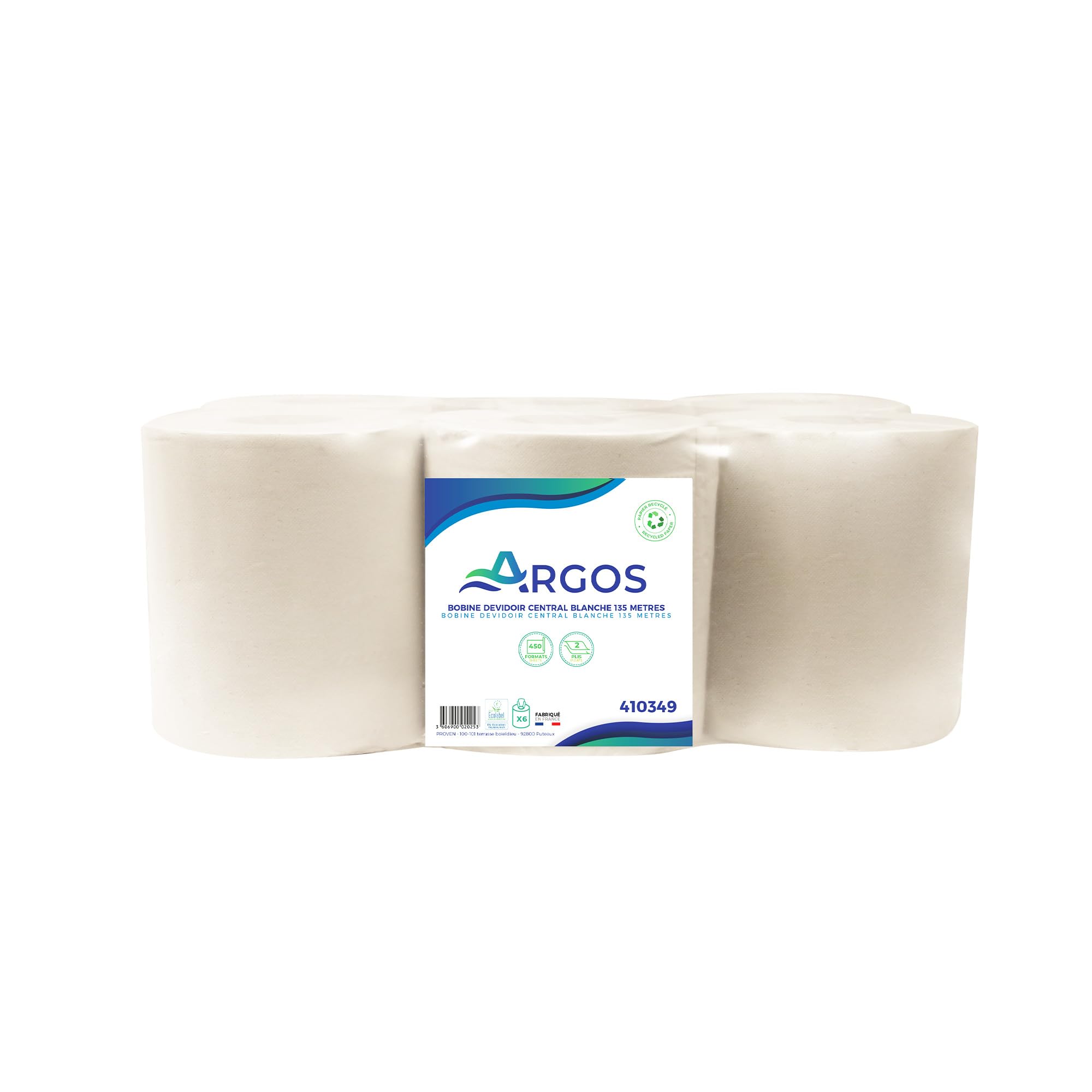 ARGOS - White Central Wiping Reel - Recycled Cellulose - Optimal Absorption - 135M - Ecolabel - Made in France