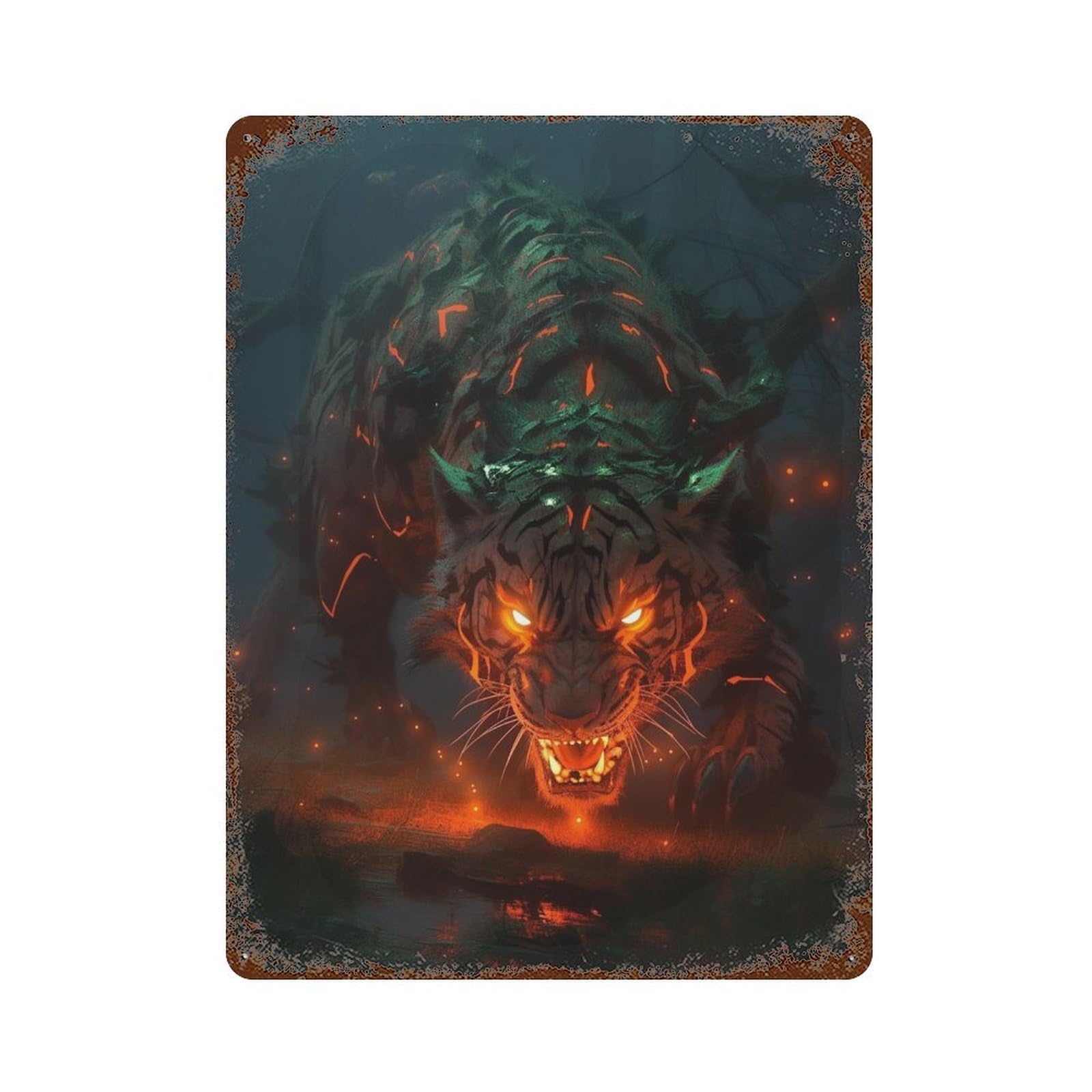 Fiery Tiger in Dark Forest Rust Effect Tin Sign 15.7"x11.8", Industrial Home Decor for Cafe, Home Bar And Lounge Decor