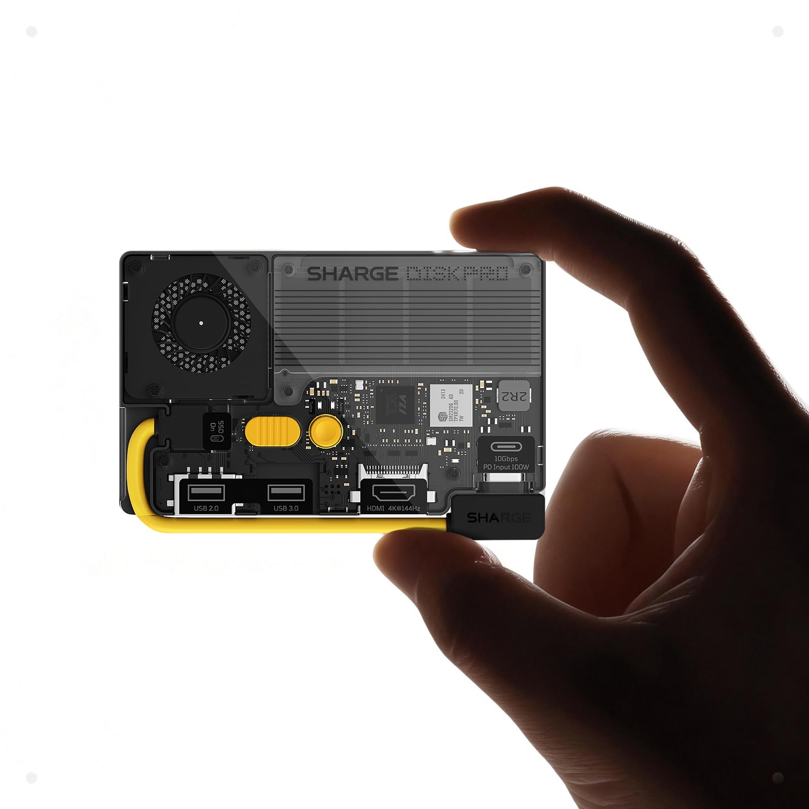 sharge Disk Pro 4TB Portable SSD with Active-Cooling Fan, 4-Port Hub with HDMI 2.1, 10 Gbps Built-in Cable, Magnetic External Solid State Drive for MacBook, PC and More-Yellow