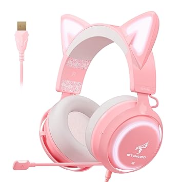 Pink Gaming Headset, EASARS Cat Ear Headset, USB Headset with Retractable Mic, 7.1 Surround Sound, RGB Lights Headset for PC, PS4, PS5