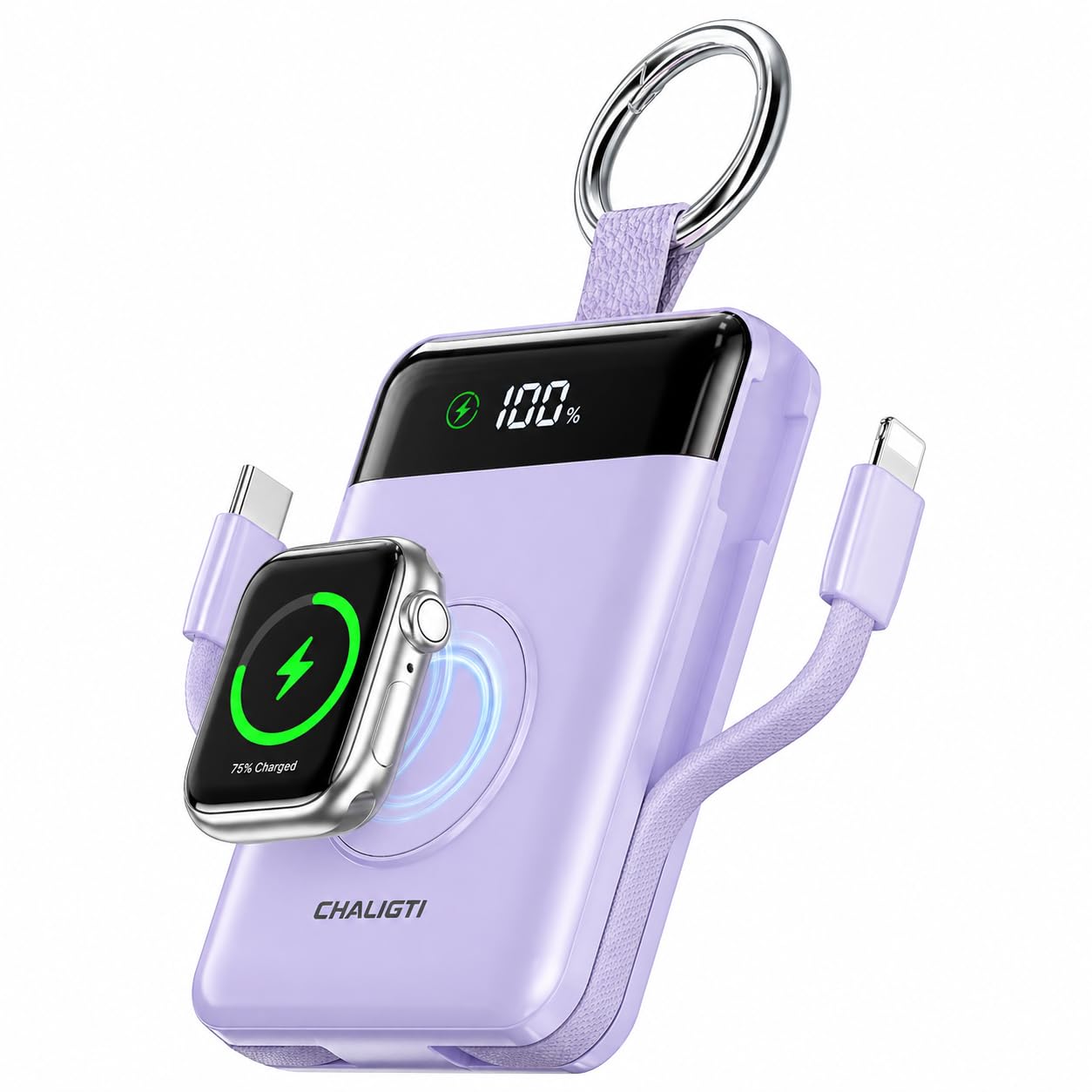 CHALIGTI 5000mAh Portable Charger w/Display,20W Power Bank&iWatch Charger | Super Fast Charging,Built-in Cables,Travel Keychain Battery Pack for Apple Watch Series,iPhone17/16/15/14/13/12,Purple