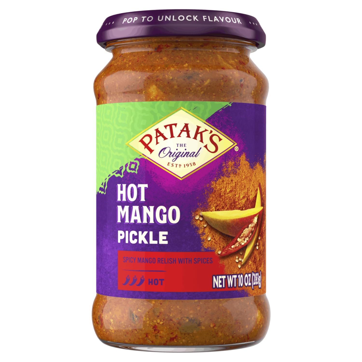 Patak’s Hot Mango Pickle - Authentic Indian Relish w/Mango Chunks, Mustard Seeds & Aromatic Spices – Perfect for Sandwiches, Salads & Cold Meats - Vegan Spicy Pickle - 10oz Jar (Pack of 1)