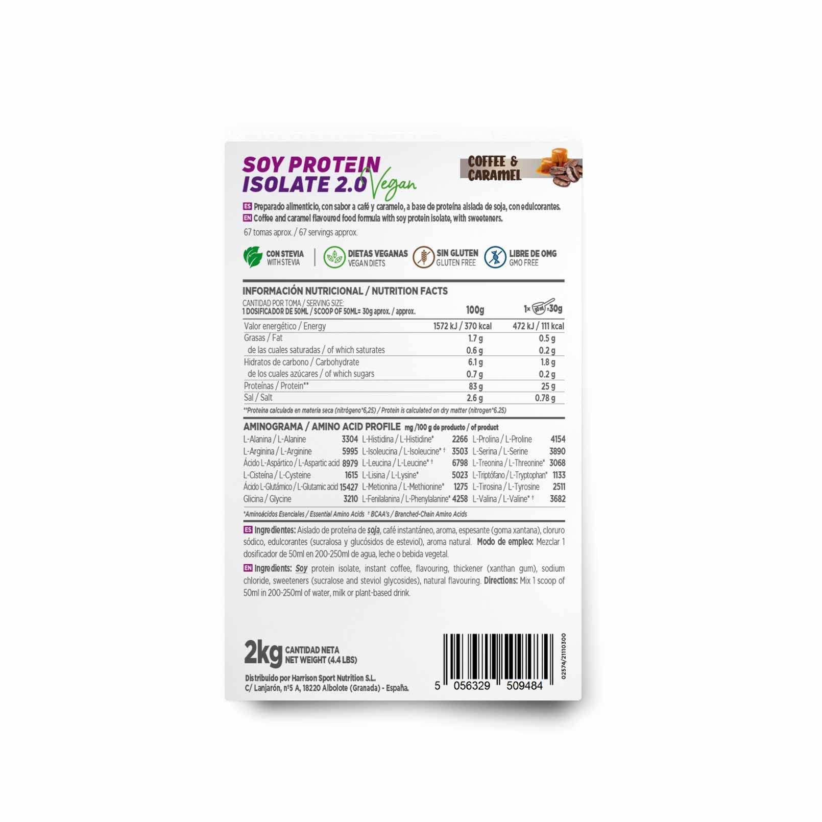 Isoliertes Sojaprotein aus HSN | Kaffee Karamellgeschmack 2 kg = 67 Dosen pro Packung | 100 % vegan | Soy Protein Isolate | kein GMO, glutenfrei