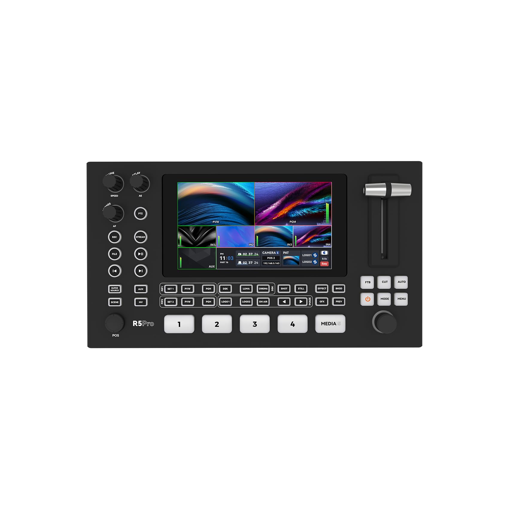 SPROLINK Neolive R5PRO Dual 4K Live Streaming Switcher, 5 Inputs (4K x2, 1080p x2, USB-A), 3 Outputs (HDMI x2, USB-C), Hardware RTMP, PTZ Joystick, Web Control, Support AUX and PGM Output