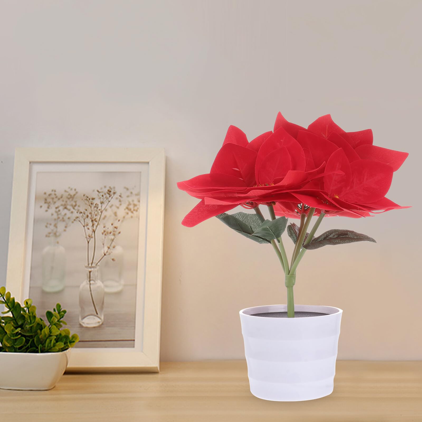 ORFOFE Dekoratives Blumentopf Nachtlicht mit Künstlicher Poinsettia aus Kunststoff und Stoff Stilvolle Tischlampe für Schlafzimmer und Laden Zufälliger Stil