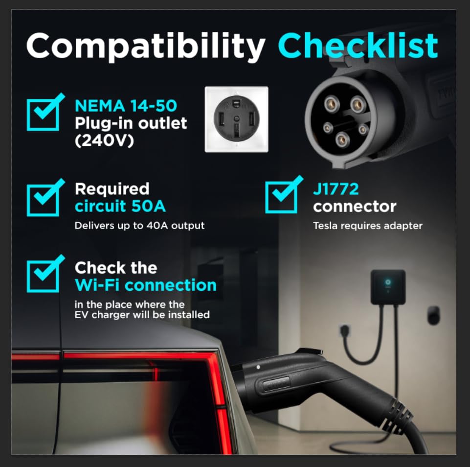 EVIQO Level 2 EV Charger - Wall Home EV Charger Level 2 48 Amp for Electric Car - 240V NEMA 14-50 Plug in 11.5kW EVSE J1772 Chargers, Energy Star/UL - Smart Electric Vehicle Charging Stations