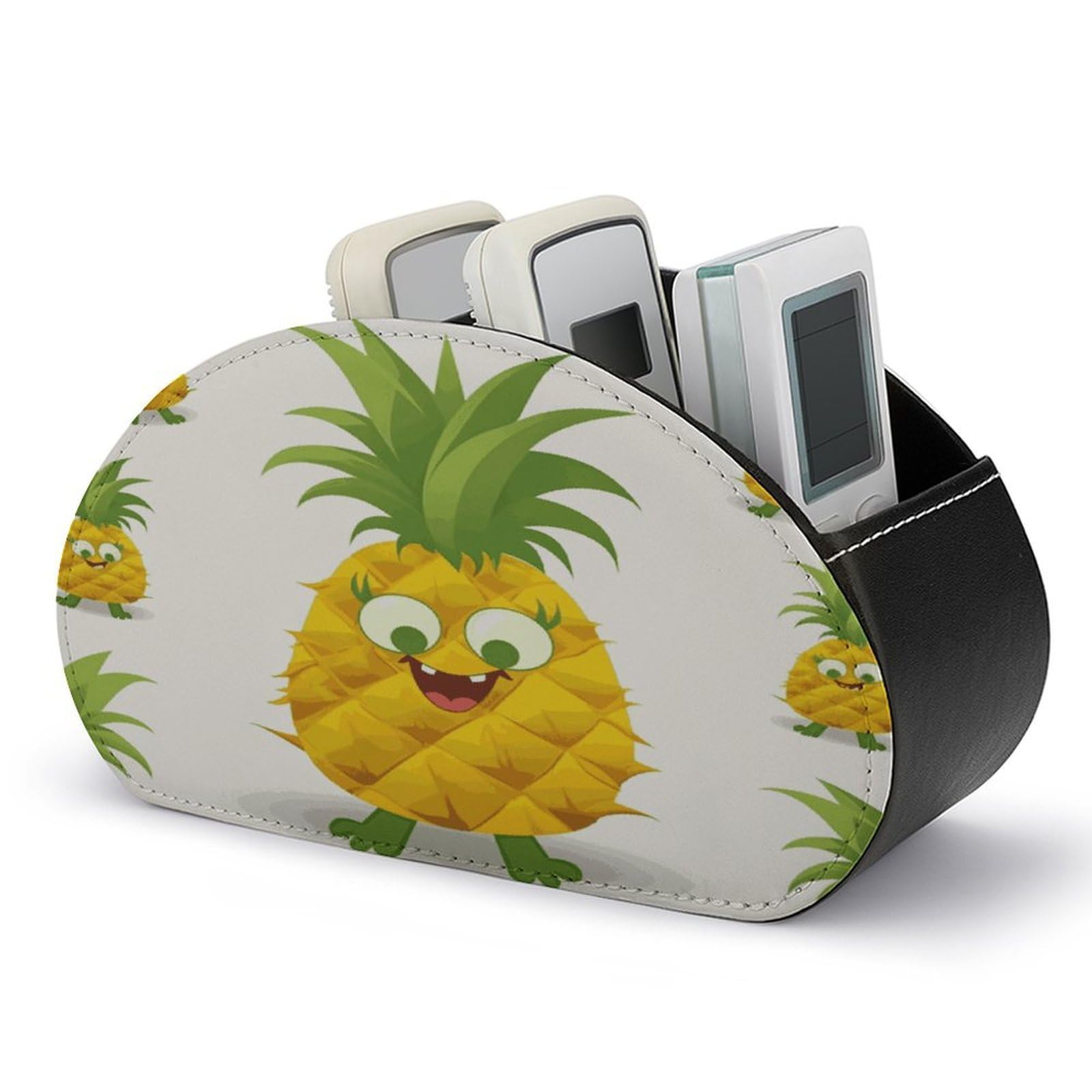 LZQPOEAS Pineapple Remote Control Holder Desk Storage Organizer Box Container Remote Storage Box with 5 Compartments PU Leather Remote Caddy for Home Bedside Table Organizer