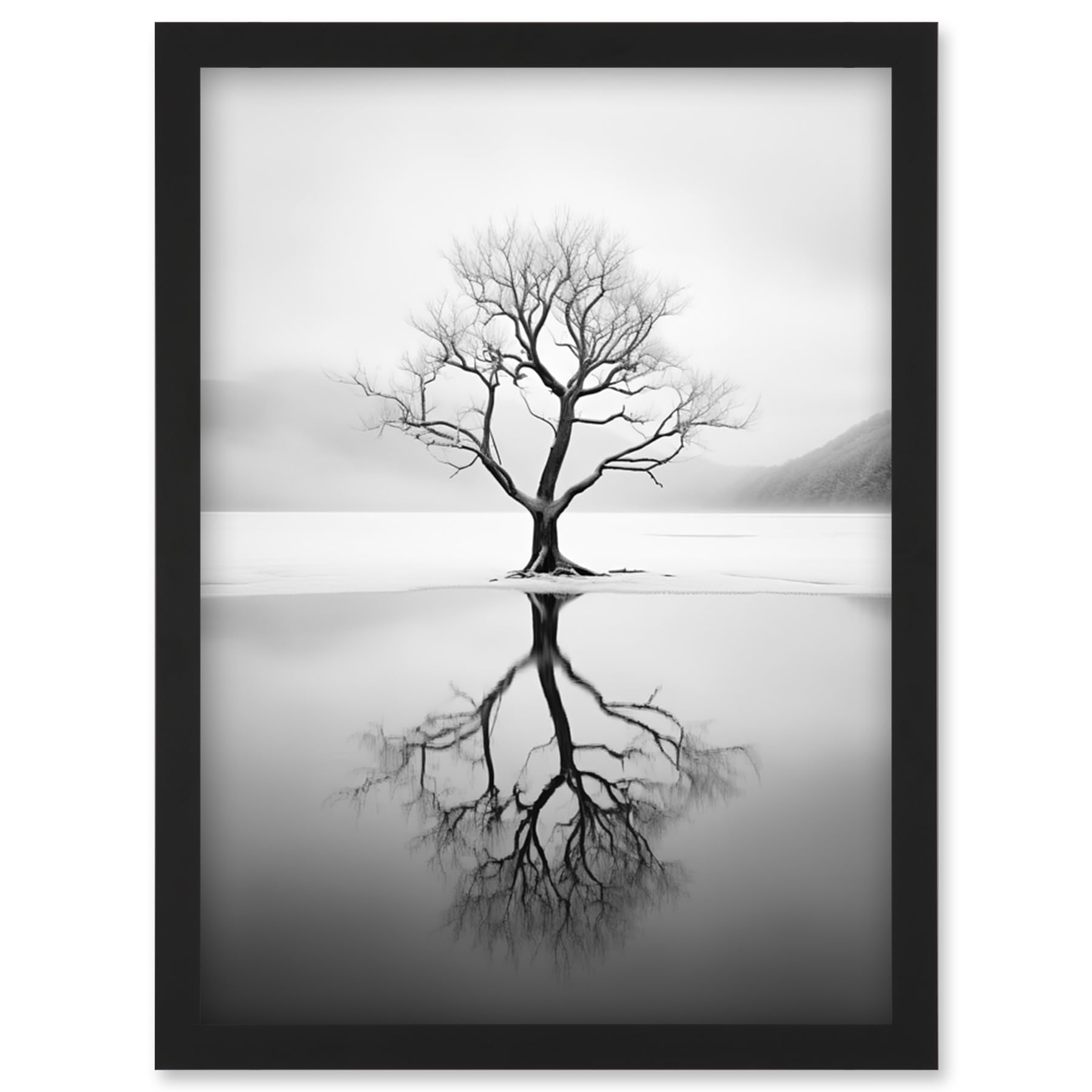Artery8 Lone Tree by Frozen Lake Winter Landscape Black and White Photograph Artwork Framed Wall Art Print A4