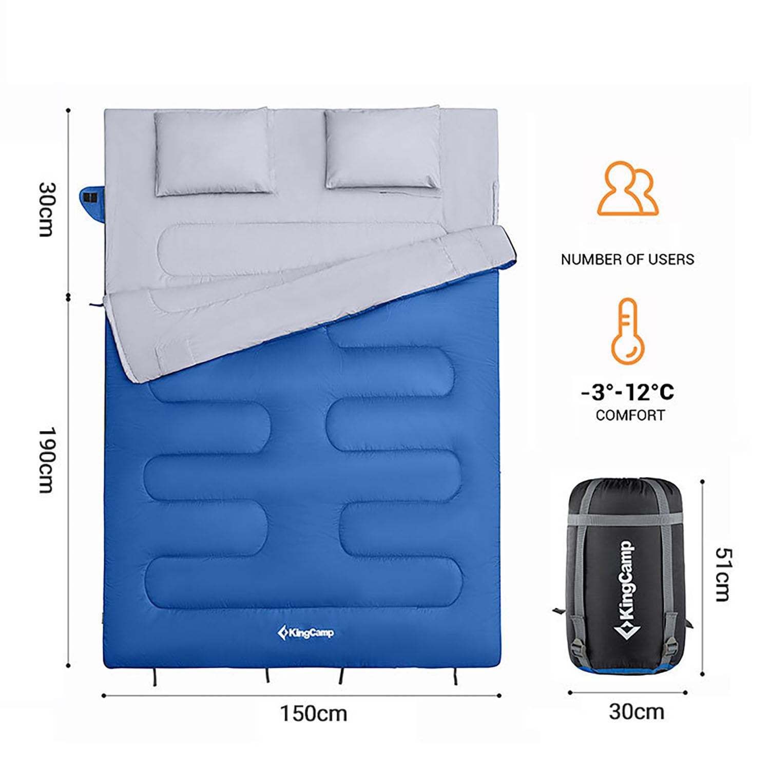 Saco de dormir doble para acampar al aire libre con almohada, portátil, diseño dividido, ampliado y grueso, relleno de algodón de plumón, apto para adultos, ligero para senderismo y viajes
