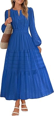 MEROKEETY Spring Summer Midi Dresses for Women 2026 Fall Casual Vacation Long Sleeve V Neck Tiered Cotton Maxi Dress Pockets