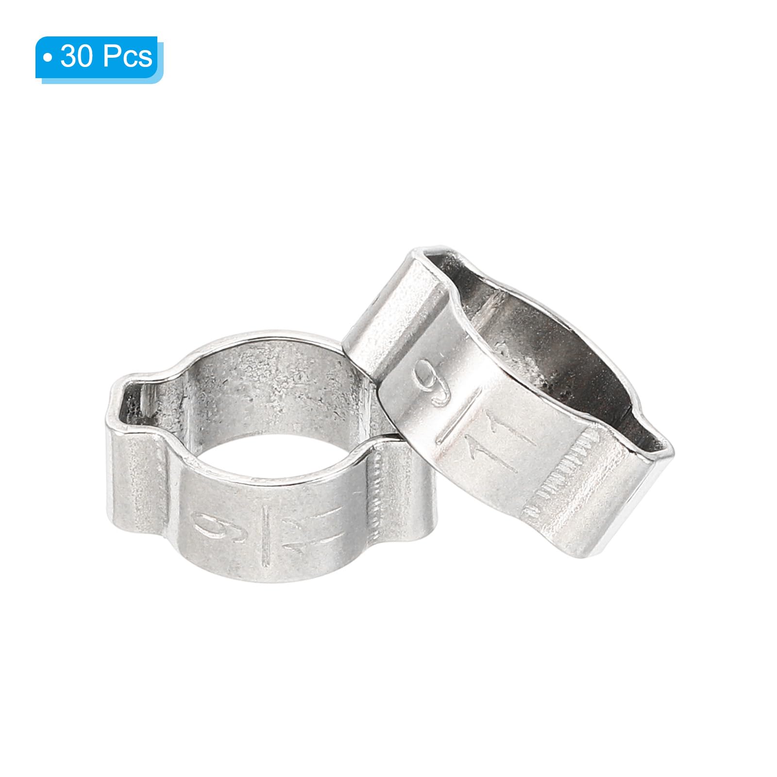PATIKIL 30 Pack 9-11mm Double Ear Hose Clamp, 304 Stainless Steel O Clip Crimp Rings for Fuel Petrol Pipe Tube Fitting Connections, Silver Tone - Image 3