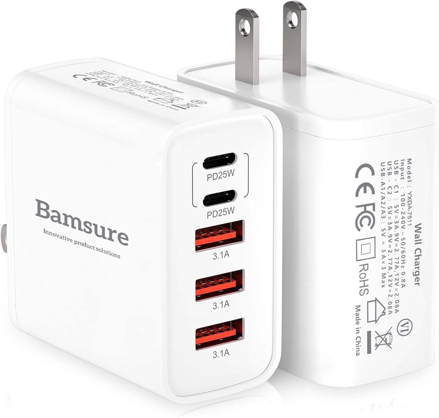 65W 5-Port USBC Block Charger Block,2Pack PD3.0+QC3.0 Fast Charging USB C with 3 Type-C Charging & 2 USB A, Multiport Power Adapter Compatible with iPhone 17/16/15 Pro Max, Galaxy S24/S23, iPad Pro