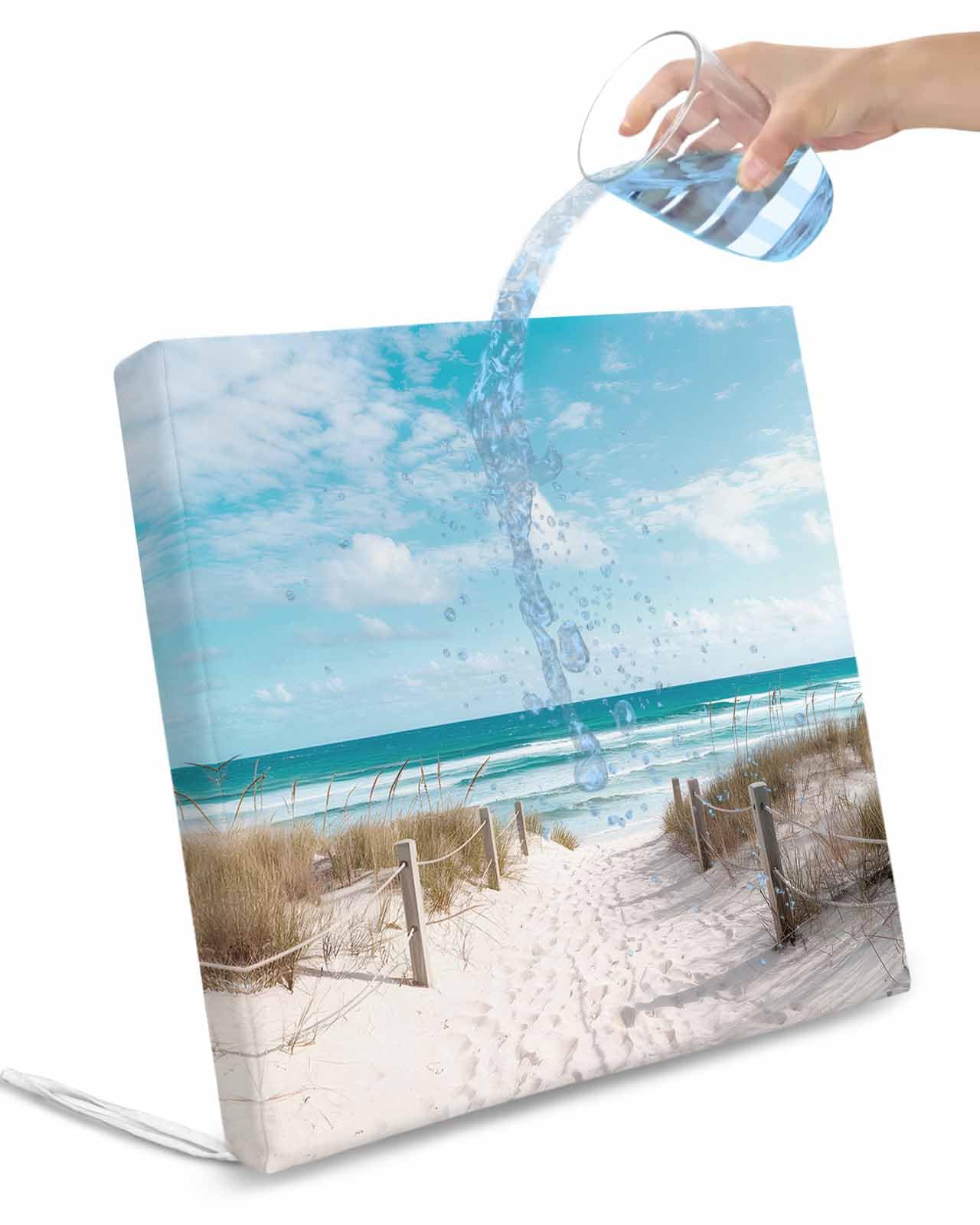 2 Pack Summer Beach Waterproof Cushion Covers with Ties, Outdoor Patio Chaise Lounge Chair Seat Cushion Slip Covers Replacement(Only Cover) Coastal Ocean Seaside Sky Scenery 20