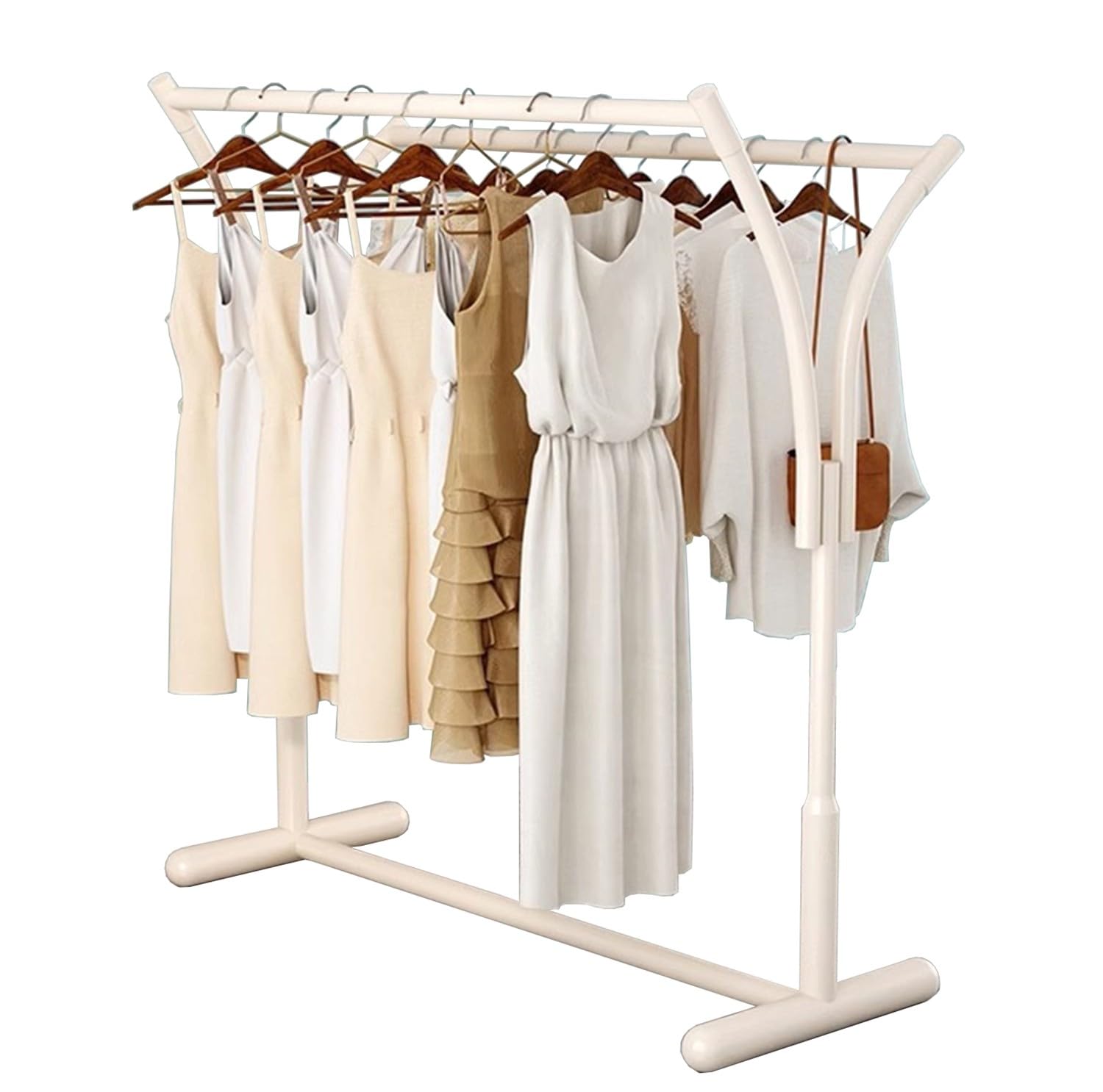 Meyebp White Gold Double Rod Garment Rack With Lockable Wheels, Heavy Duty Curved Metal Freestanding Clothes Rack, Rolling Clothing Display Organizer For Bedroom Closet Boutique Retail Store