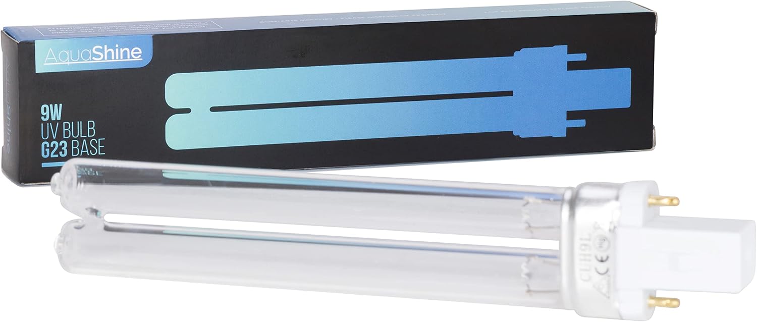 AquaShine 9 Watt Replacement UV Bulb - 9W 2 Pin UVC G23 Base - Fits SunSun JUP-01, HW-303B, HW-304B, CF400UV, CF500UV Filters