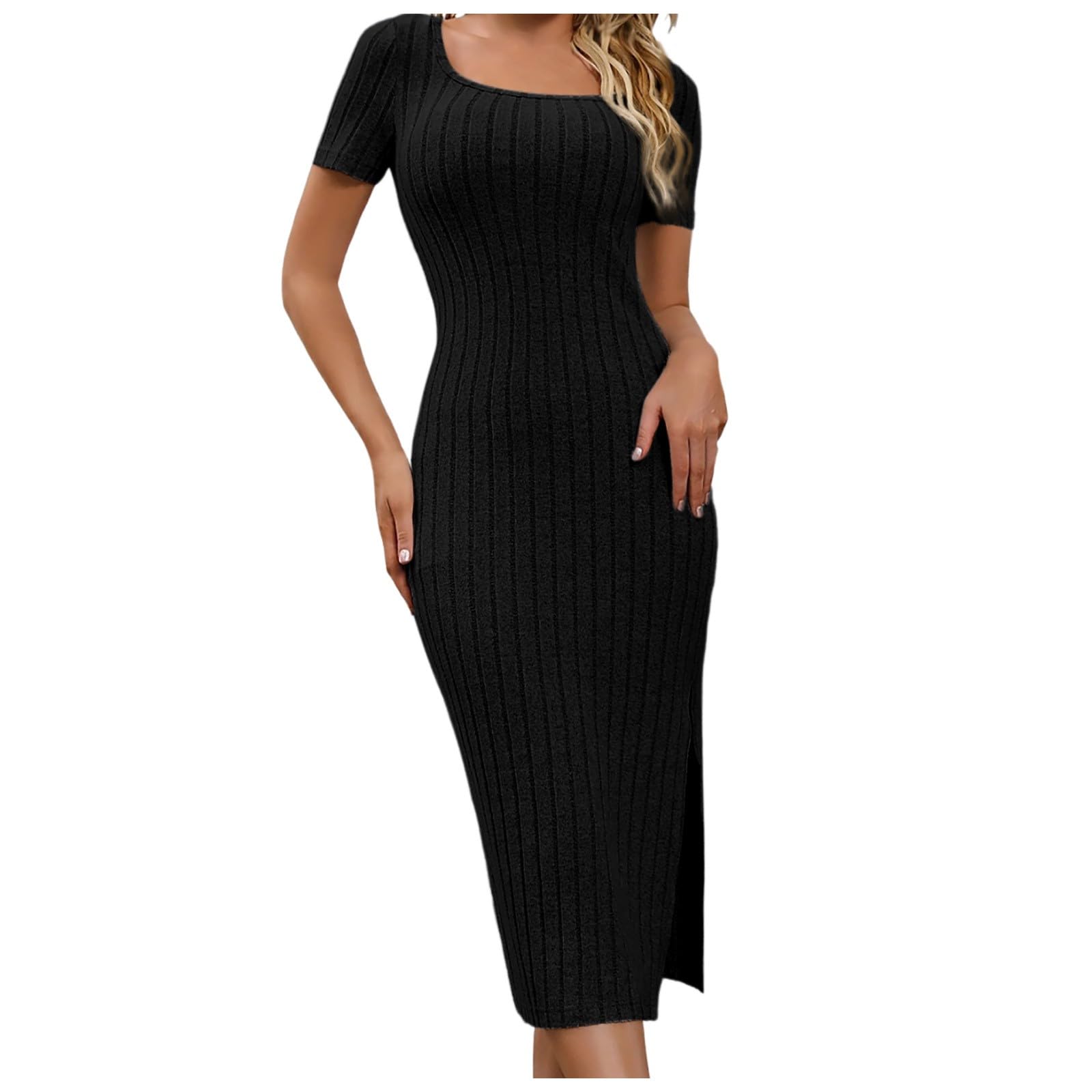 QWUVEDS Vestido de verano para mujer, bodycon casual, manga corta, vestido midi con cuello cuadrado, de punto, con abertura lateral, vestido largo acanalado elegante