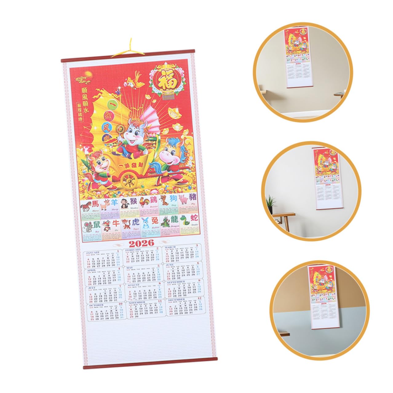6 Pezzi Calendario da Parete in Finto Rattan 2026 Anno del Cavallo, Planner Lunare Sospeso Decorativo per Casa e Ufficio, Set 2 Pezzi Rotolo Tradizionale Cinese