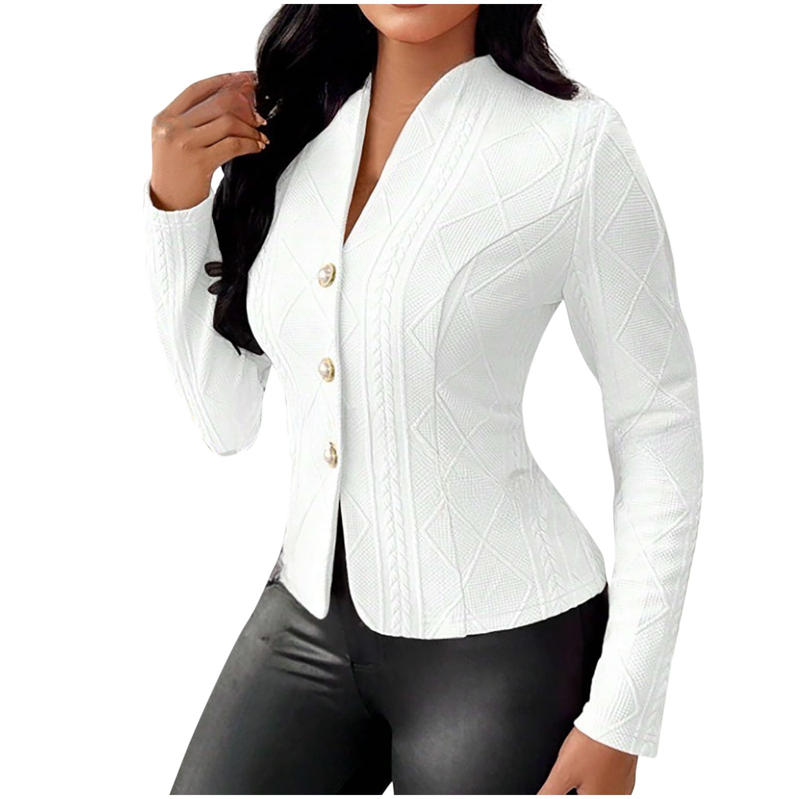 JOAU Womens Textured Casual Blazers Business Single Breasted V Neck Collarless Long Sleeve Work Office Crop Suit Jackets
