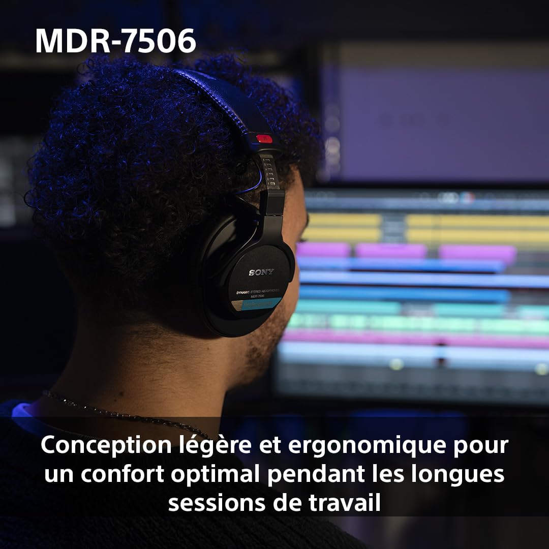 Sony MDR-7506, casque d'écoute studio fermé - filaire, gamme de fréquences 10Hz à 20kHz, idéal pour l'enregistrement et le mixage en studio, 63 Ohm, design léger et pliable (227g), noir