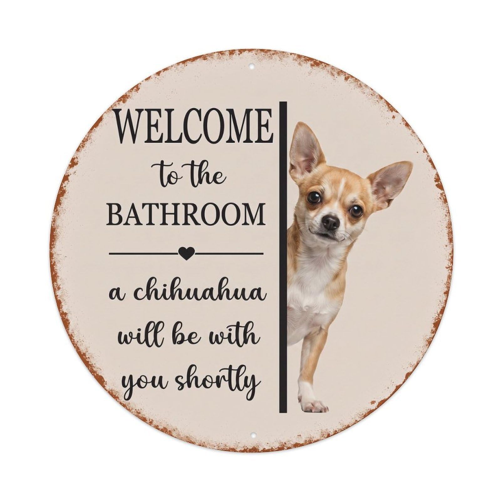 Vintage WELCOME To The BATHROOM Chihuahua Dog Metal Tin Sign