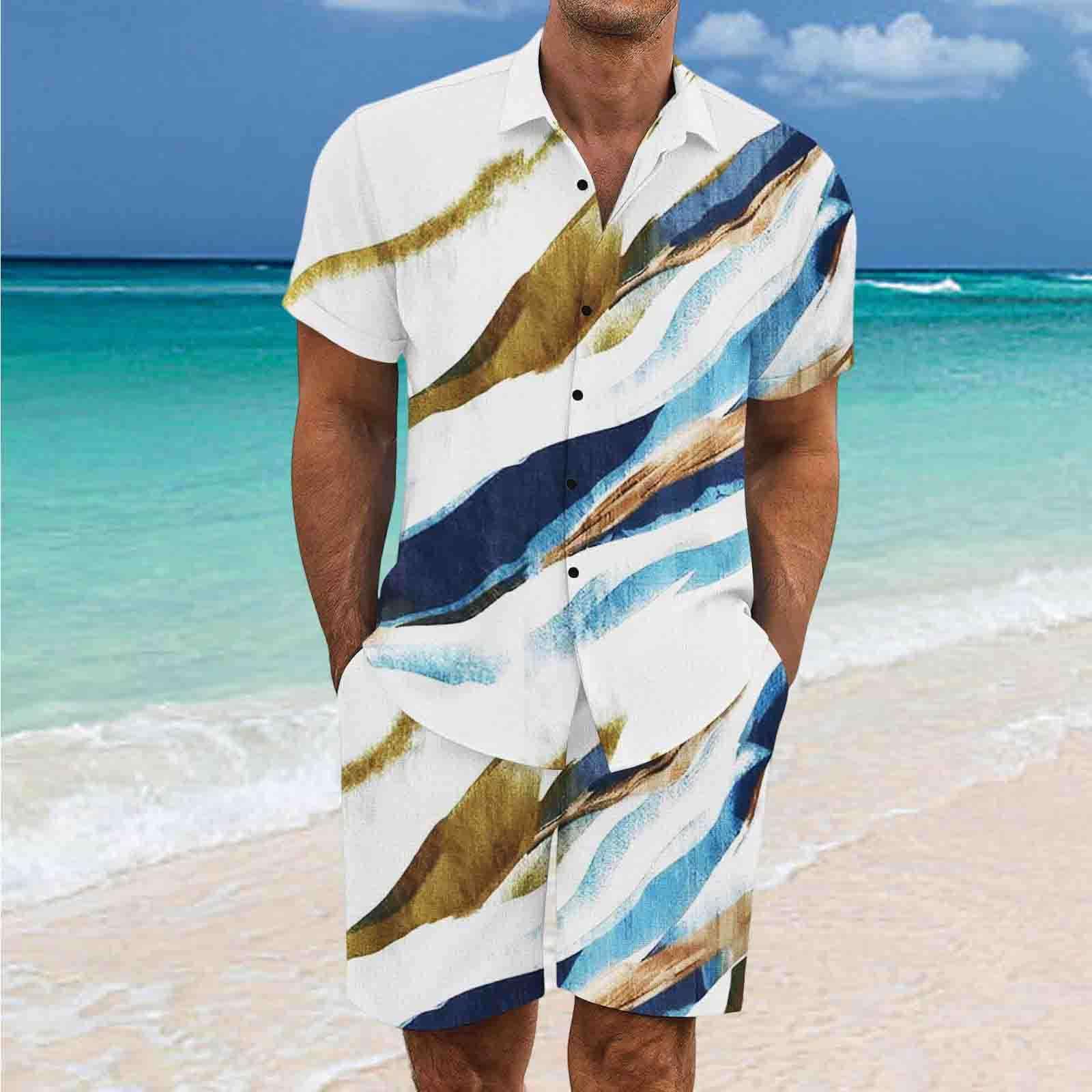 2 Pezzi Uomo Estiva Traspirante in Misto Lino - Completo Stampato e Pantaloncini Tute da Sportivo Completo Leggero Estivo Traspirante Italiana Outift per Vacanza e Tempo