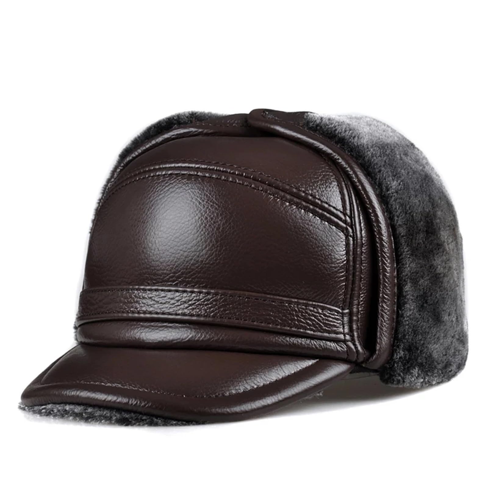 Male Winter Warm Ear Protection Bomber Hat Man Genuine Leather Faux Fur Inside Black/Brown Ultra Large Size 54-62cm Caps