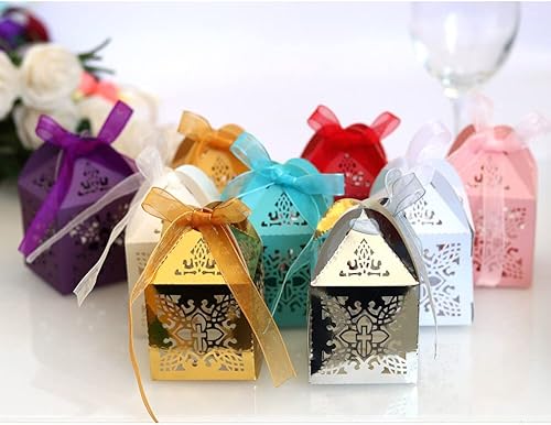 Miniatura 9 de Surakey 50 cajas cortadas con láser, cajas de regalo de agradecimiento, cajas de regalo de encaje para dulces, caja de regalo plegable con cintas