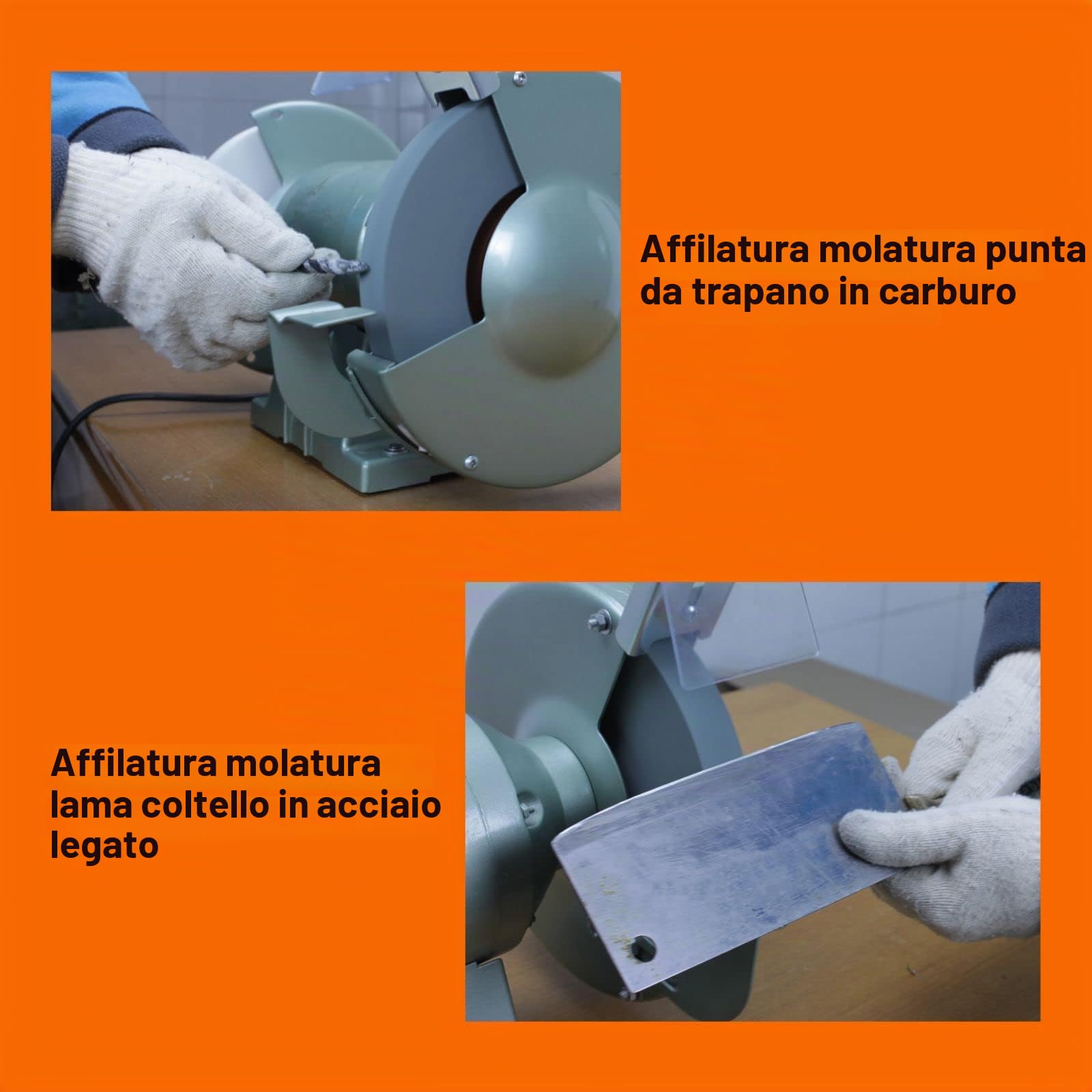 Mola per smerigliatrice da banco. Utilizzato per la rettifica e l'affilatura di utensili in metallo duro. Abrasivo al carburo di silicio verde. Diametro 200mm, mandrino da 16 mm.