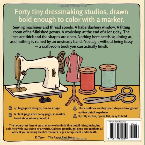 Vintage Sewing Studios: A Large-Print Coloring Book for Adults: 40 Bold and Easy Vintage Sewing Machine, Dress Form and Cozy Craft Room Designs for Quilters and Seamstresses image 3