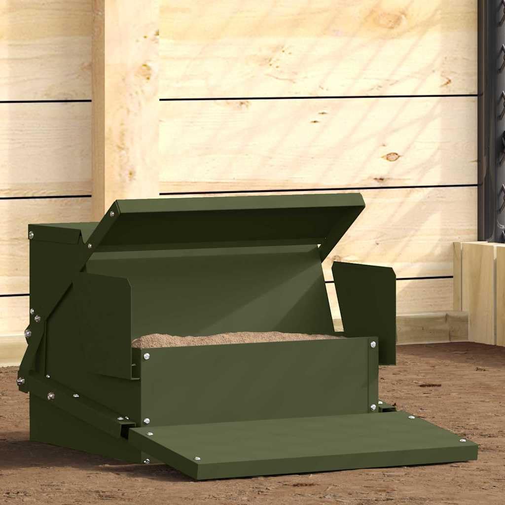Alimentador de pedal para gallinas de acero verde oliva 50 x 40 x 29 cm, dispensador de alimentación gallina exterior, alimentador de aves de corral práctico con mecanismo automático