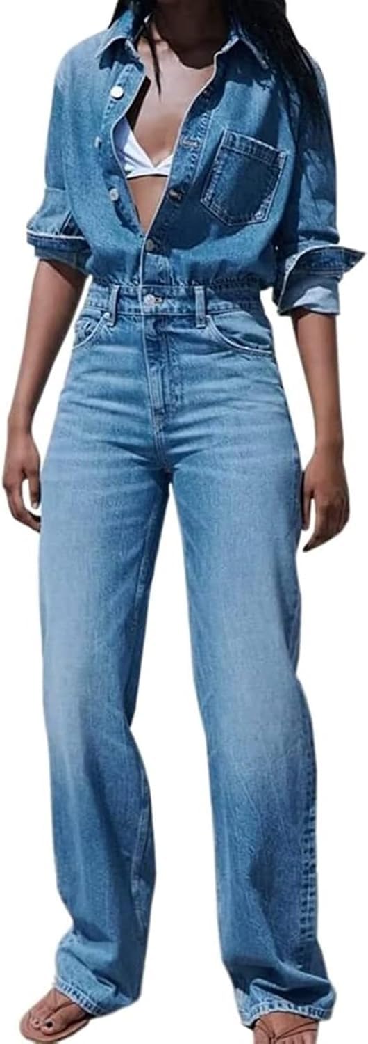 Damskie Dżinsowe Kombinezony Wysoki Stan Długi Rękaw Dżinsowy Kombinezon Slim Fit Guzik Luźne Spodnie Dżinsowe Pajacyki, Blue, S