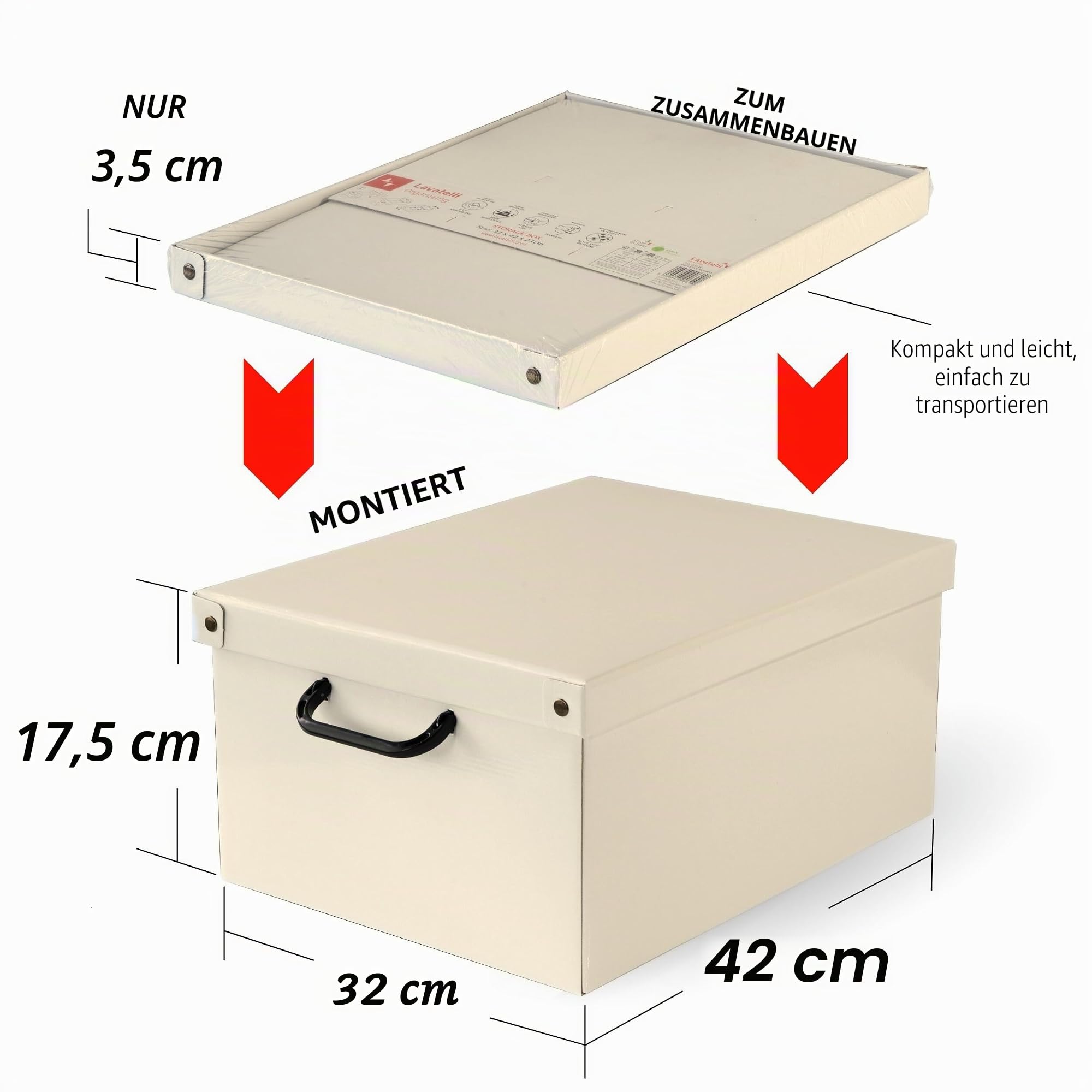 Lavatelli – 6er Set Aufbewahrungsboxen aus Karton mit Deckel & Griffen, faltbare Ordnungsboxen für Kleidung, Bettwäsche, Saisonwechsel, robuste & dekorative Kleiderboxen, Beige, 32x42x17,5 cm, Größe M