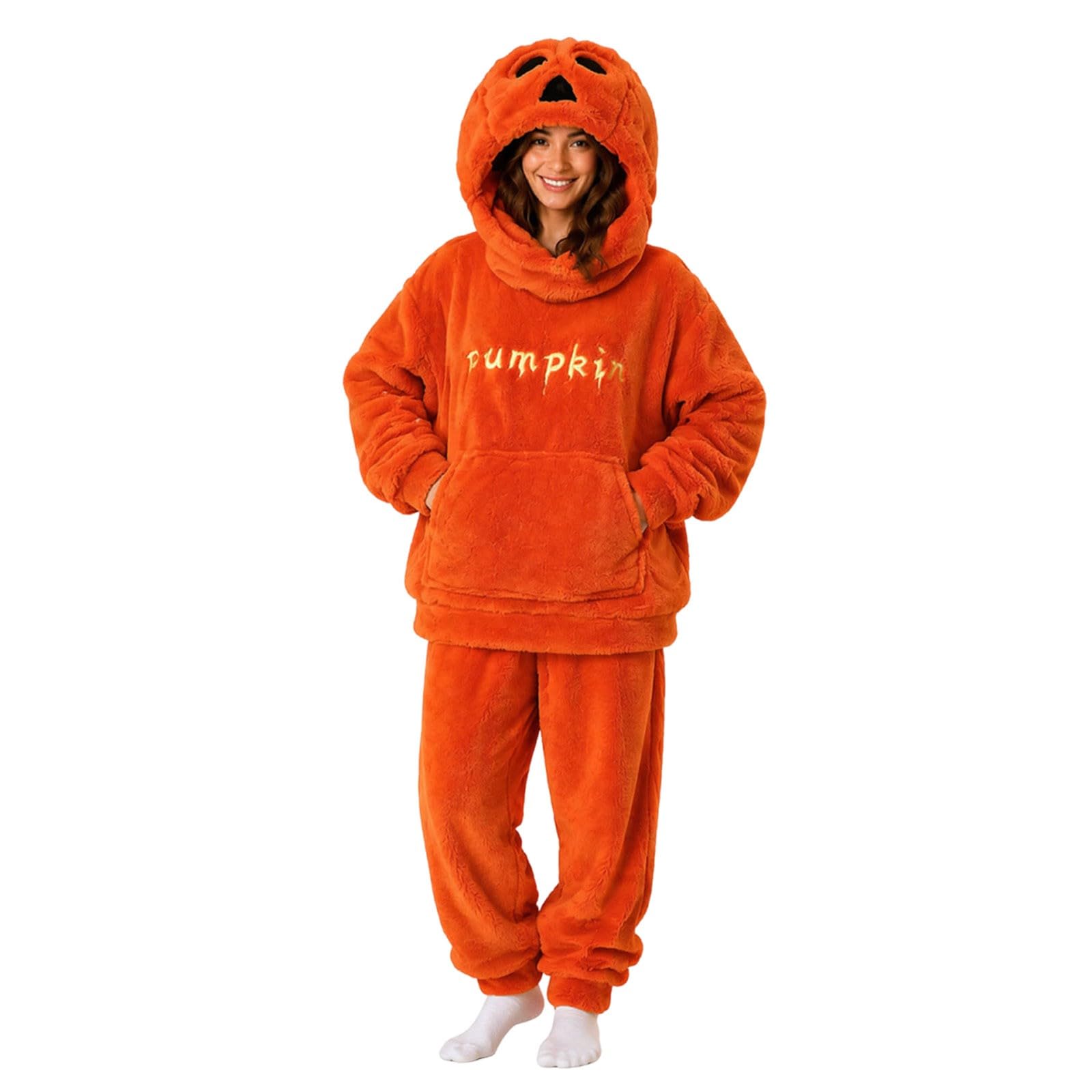 Conjunto de pijama para mujer, talla grande, disfraz para mujer, Halloween | Conjunto Oversize con diseño de calabaza casual para disfraz de Halloween Chic y Elegant Pijama polar térmico