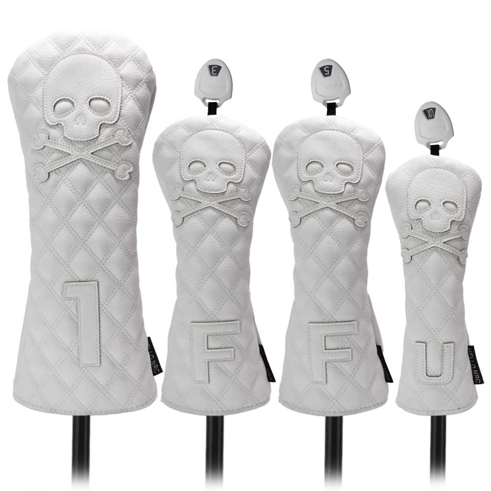 HELLO NRC 4 Pieces Golf Club Covers, White and Black Driver Head Cover, Fairway Woods and Hybrid, Skull 3 Wood and 5 Wood, 460cc PU Waterproof Leather
