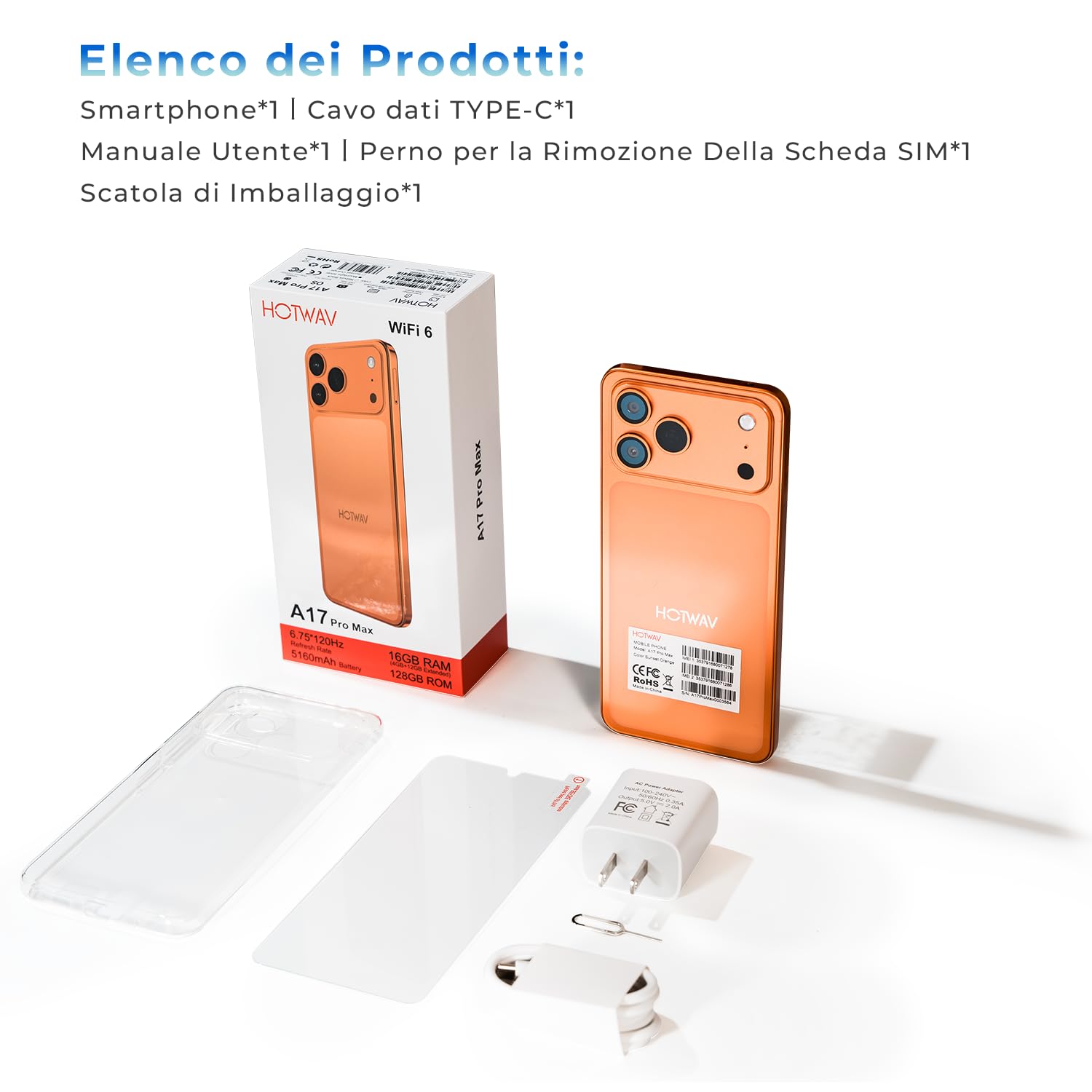 HOTWAV A17 Pro Max Smartphone Android 15, 16GB+256GB/TF TB Telefono Cellulare, 5160mAh Cellulare, 6.75 Pollici Telefoni, 13MP+5MP Camera, Dual SIM 4G Telefono/1080P/GPS/Face ID/Fingerprint - Argento | Batteria a lunga durata, fotocamera 13 MP di stoccaggi