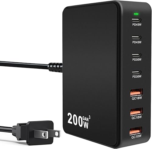 Bloque de carga USB C de 200 W, estación de carga rápida de 7 puertos, PD de 45 W, adaptador de ladrillo para laptop compatible con MacBook ProAir,