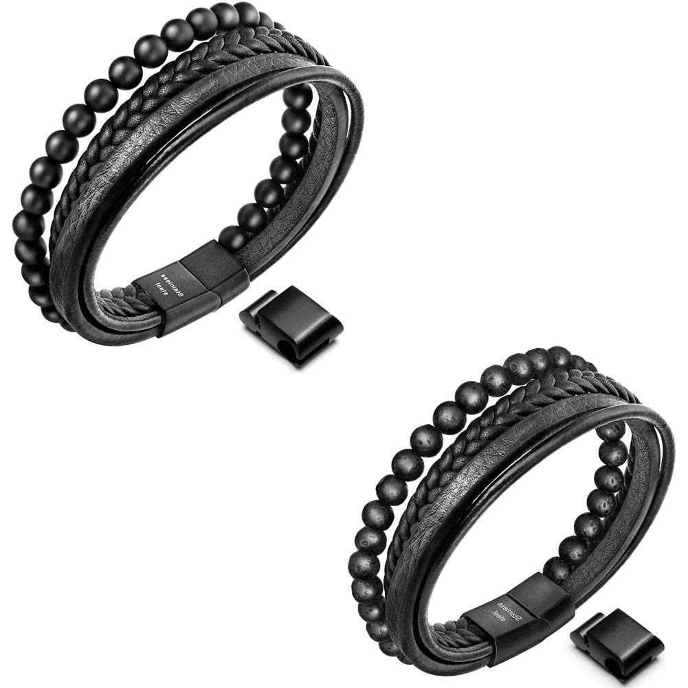 Speroto mens bracelets,leather bracelets for men,cuff bracelets from lava bead and onyx bead