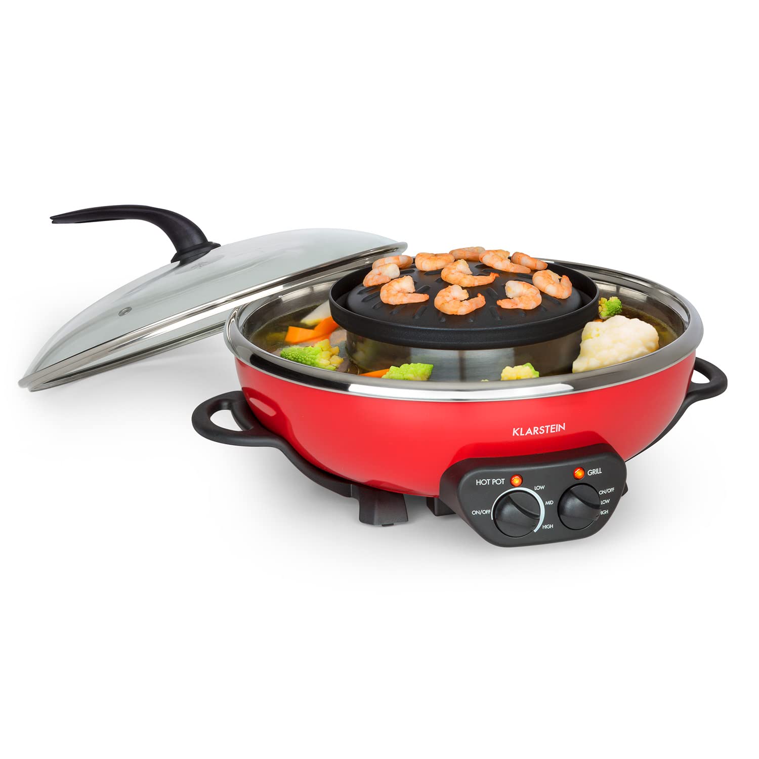 Klarstein Szechuan - Hot Pot i płyta grillowa, Garnek Hot Pot: 5 litrów, Grill 1350 W / 38 cm Ø, Płyta grillowa: 600 W / 22 cm Ø, Element grzejny z aluminium, czerwony