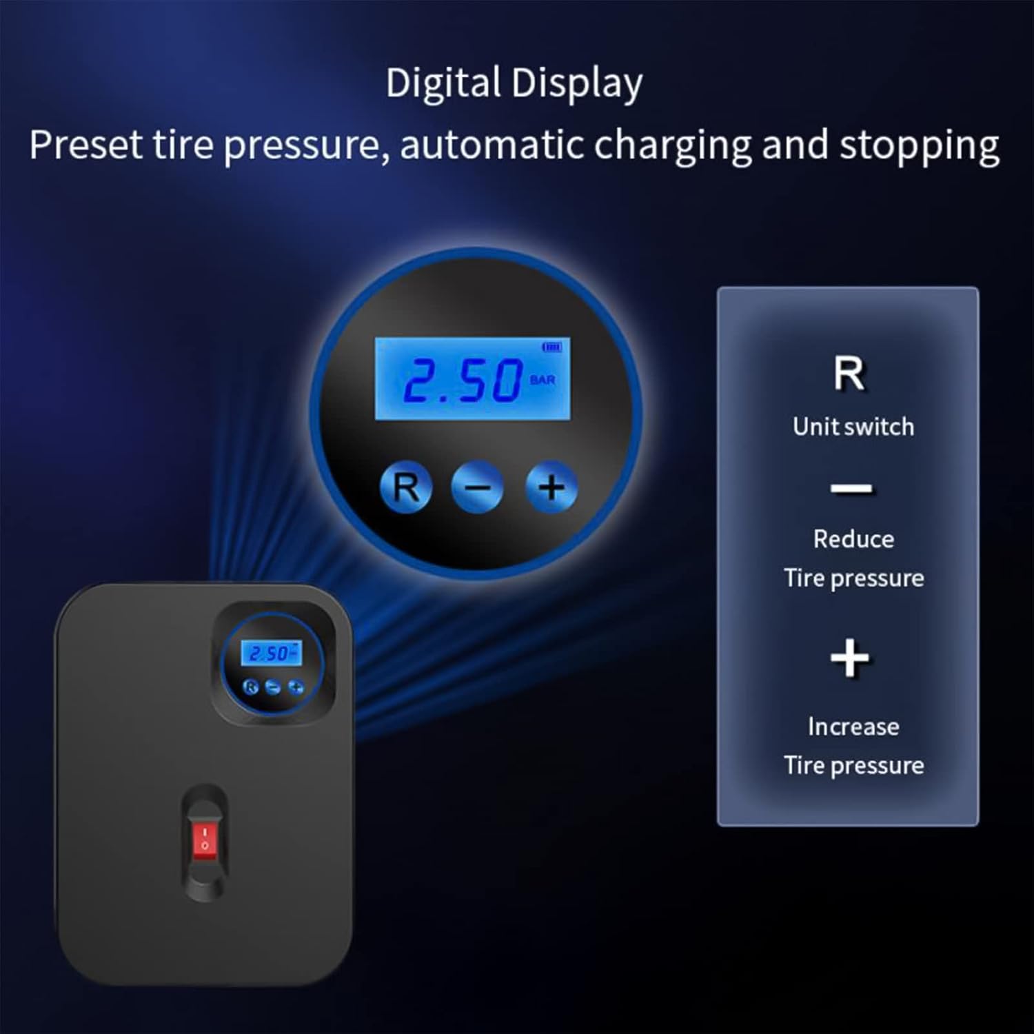 コードレスエアポンプ、LEDライト付きポータブルコンプレッサータイヤインフレーター、カーバイクモーターサイクルボール用デジタル圧力計