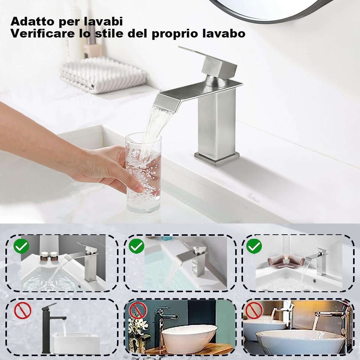 XWIHTR Rubinetto a cascata per bagno, rubinetto per lavabo a una maniglia, risparmio idrico, rubinetto per lavabo, bocca calda e fredda, rubinetto per bagno in acciaio inox (spazzolato)