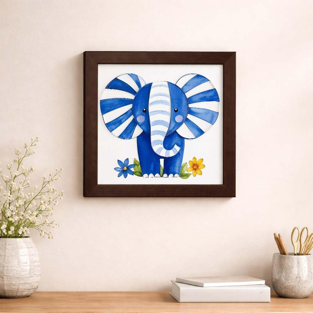 BLUE ELEPHANT BLOOM - PAPER PAJAMA - Cute Baby Elephant Floral Kids Room Framed Wall Art Animal Illustration Nursery Decor for Bedroom Playroom - 10.5x10.5 Inches 2