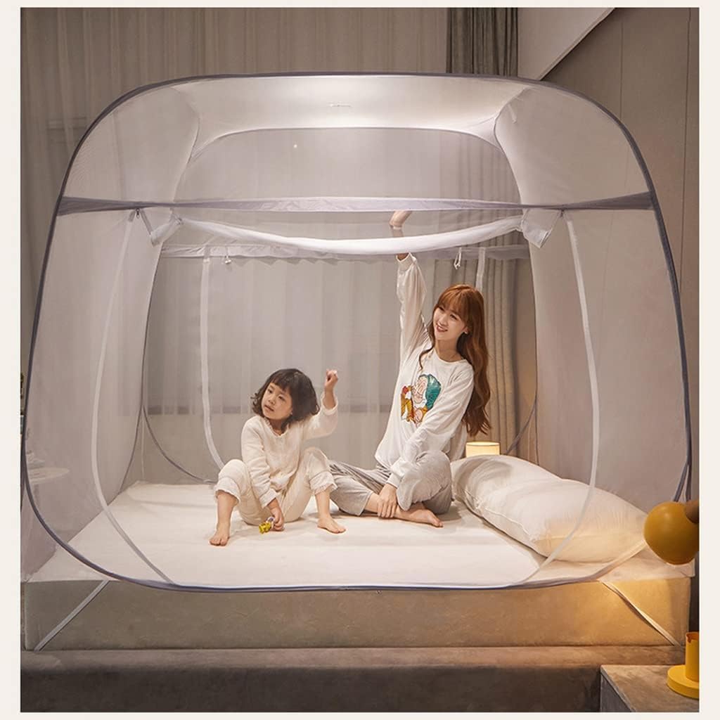 Mosquitera para Cama, Tienda De Mosquitera Emergente para Uso En Interiores Y Exteriores, Mosquitera Portátil De Viaje De Doble Puerta con Fondo De Red, Mosquitera con Borde Gris, 2m*2.2m*1.5m