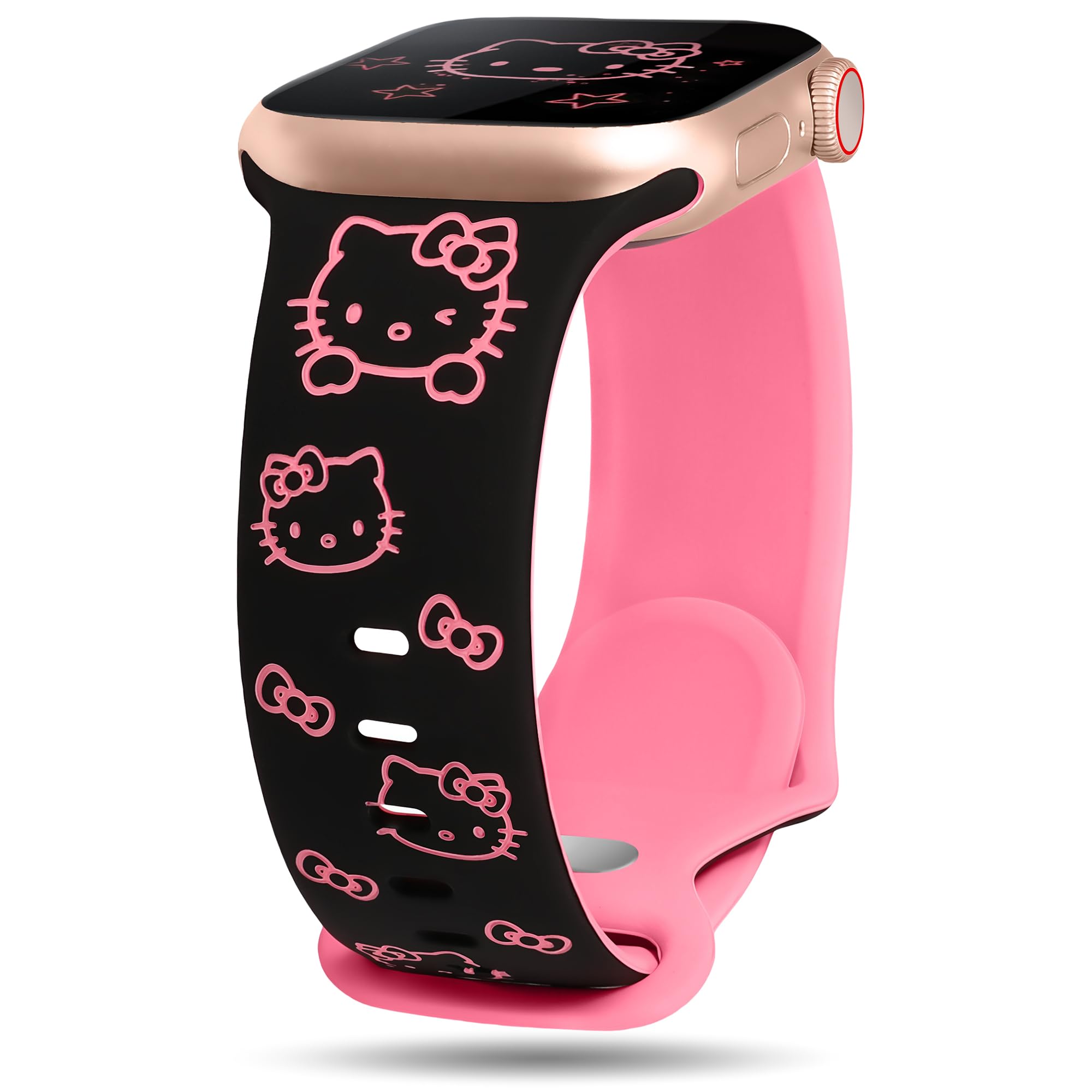 Girovo Cute Cat Engraved Band Compatible with Apple Watch Bands for Women 40/38/41/42/46/45/44/49mm, Funny Cartoon Pattern Soft Silicone Sport Strap