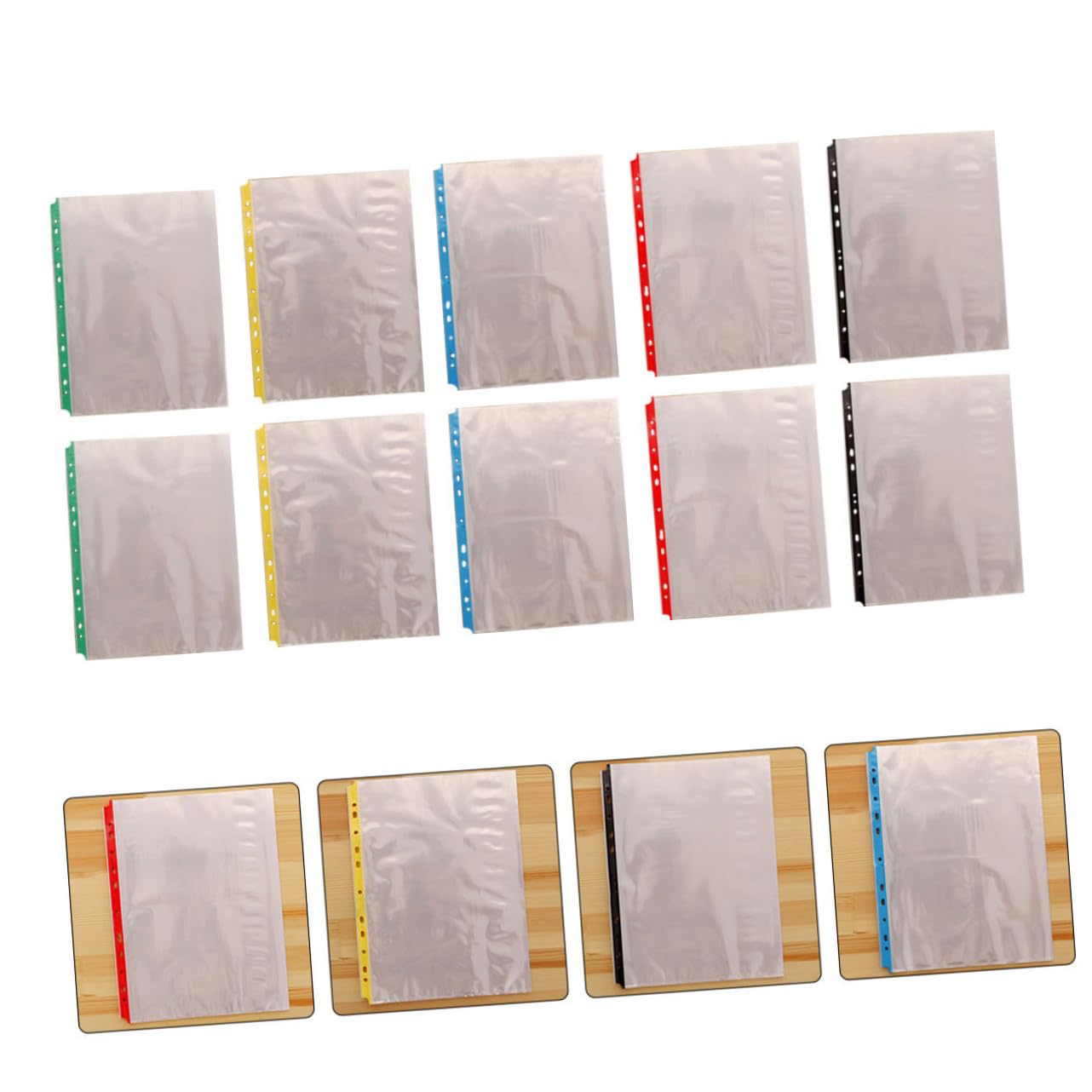 Lot de 100 Protège-Feuilles A4 Transparents Perforés 11 Trous Protecteurs de Feuilles sans Acide Pochettes de Classement Colorées pour Documents Bureau École et Archivage