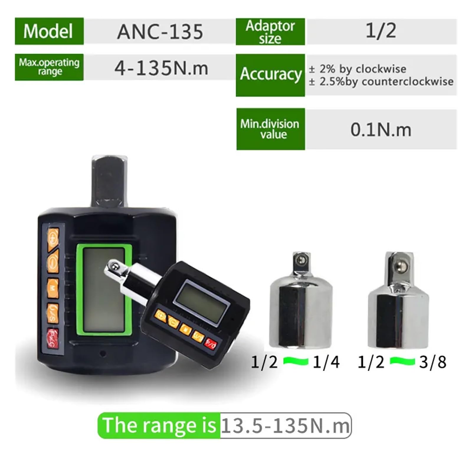 Cyfrowy adapter klucza dynamometrycznego Elektroniczny klucz dynamometryczny 1/2 cala 2-200 Nm regulowany profesjonalny cyfrowy klucz dynamometryczny rower (kolor: 13,5-135 Nm)