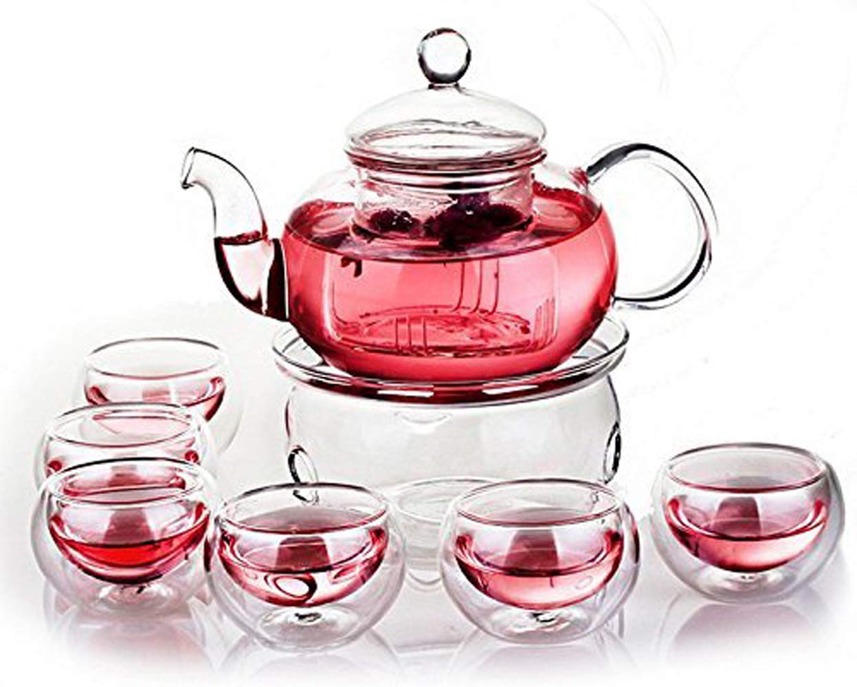 ZHCKyee New Version 28 OZ Glass Filtering Tea Maker Teapot with a Warmer and 6 Tea Cups Set
