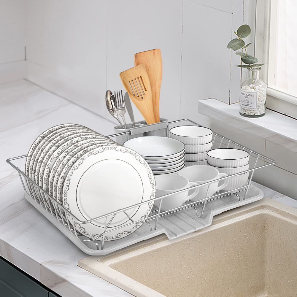 Scolapiatti in Acciaio Inossidabile, Scolapiatti da Lavello con Sgocciola e Porta Posate, Scolapiatti da Appoggio per Lavello, Scolapiatti per Bancone da 48 x 30 x 11 cm