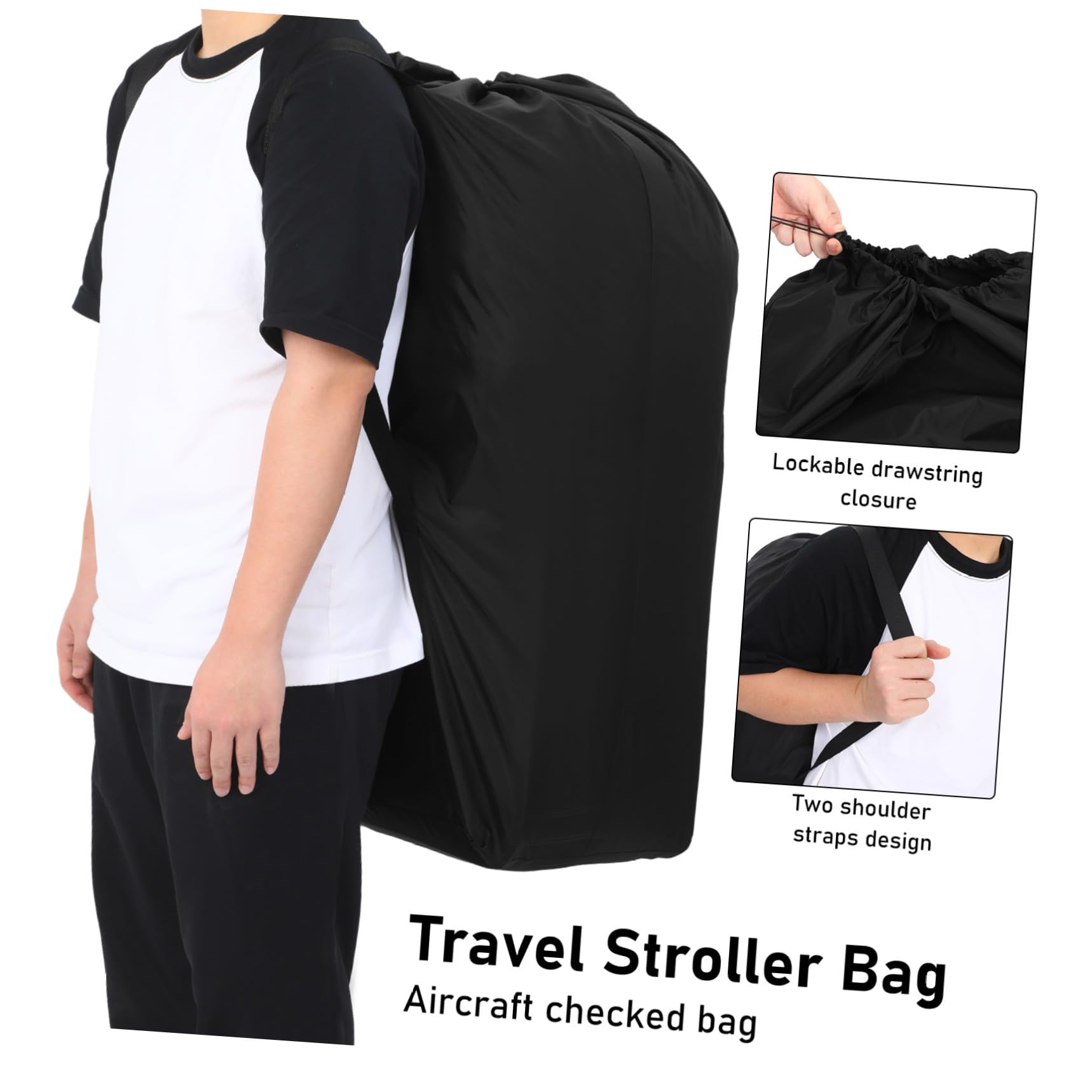 Sacco Passeggino per Aereo, Borsa Viaggio in Nylon Nero Coulisse | Due Spallacci, Cuciture Rinforzate, Adatto alla Maggior Parte dei Modelli, Chiusura Bloccabile